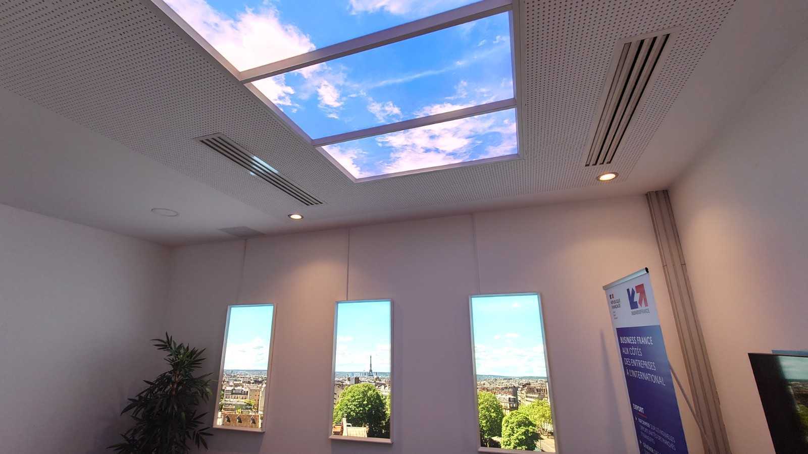Trois fausses fenêtres verticales Cumulux, pour apporter de la lumière dans une salle de réunion aveugle.