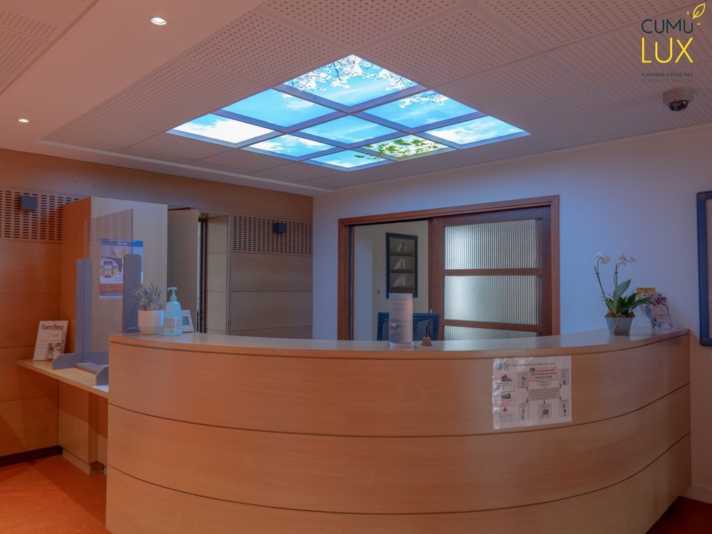 Faux plafond Cumulux pour apporter de la lumière dans un hall d'accueil aveugle.