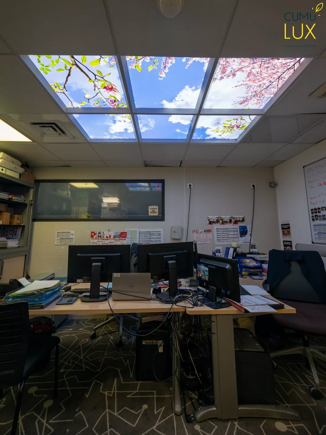 Un plafond Cumulux de 6 dalles ciel de 60 x 60 cm dans un bureau