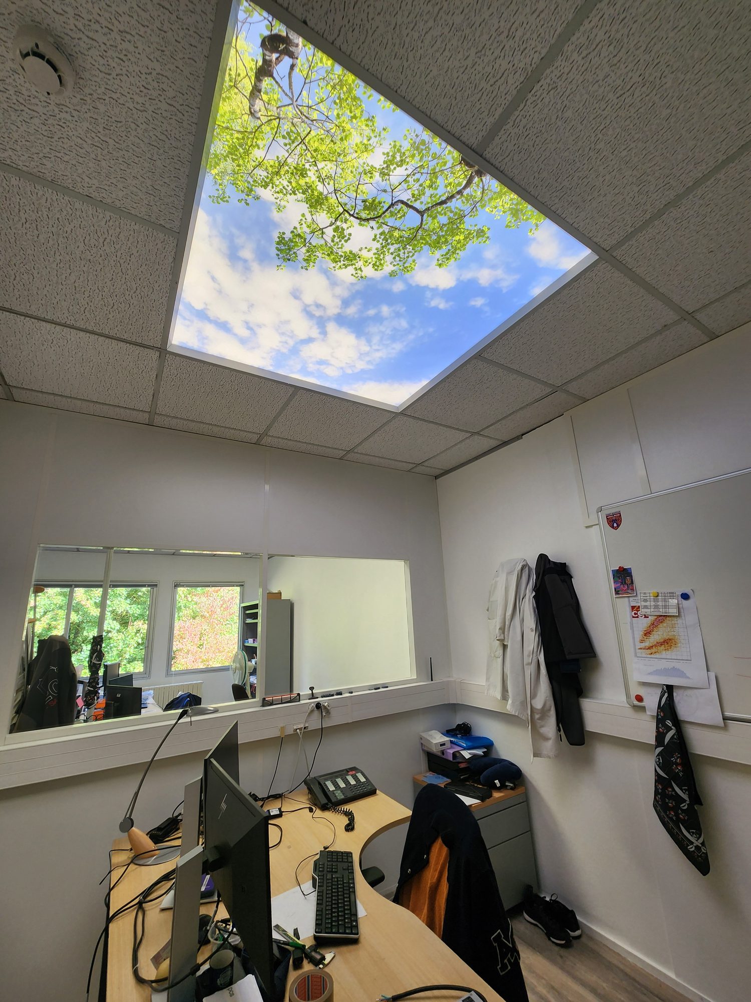 Ciel lumineux Cumulux intégré à la trame de faux plafond d'un bureau du CEA Paris-Saclay